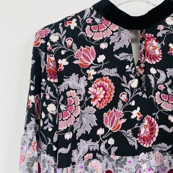 LOFT Size Small Purple Floral Velvet Mock Neck Keyhole Boho Blouse Top - Picture 4 of 8